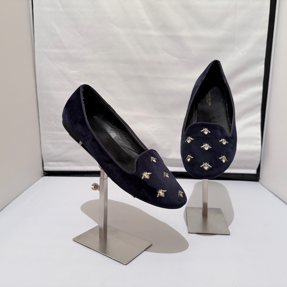 SCOTCH&SODA Woman’s Navy Velvet Embroidered Bee Flats